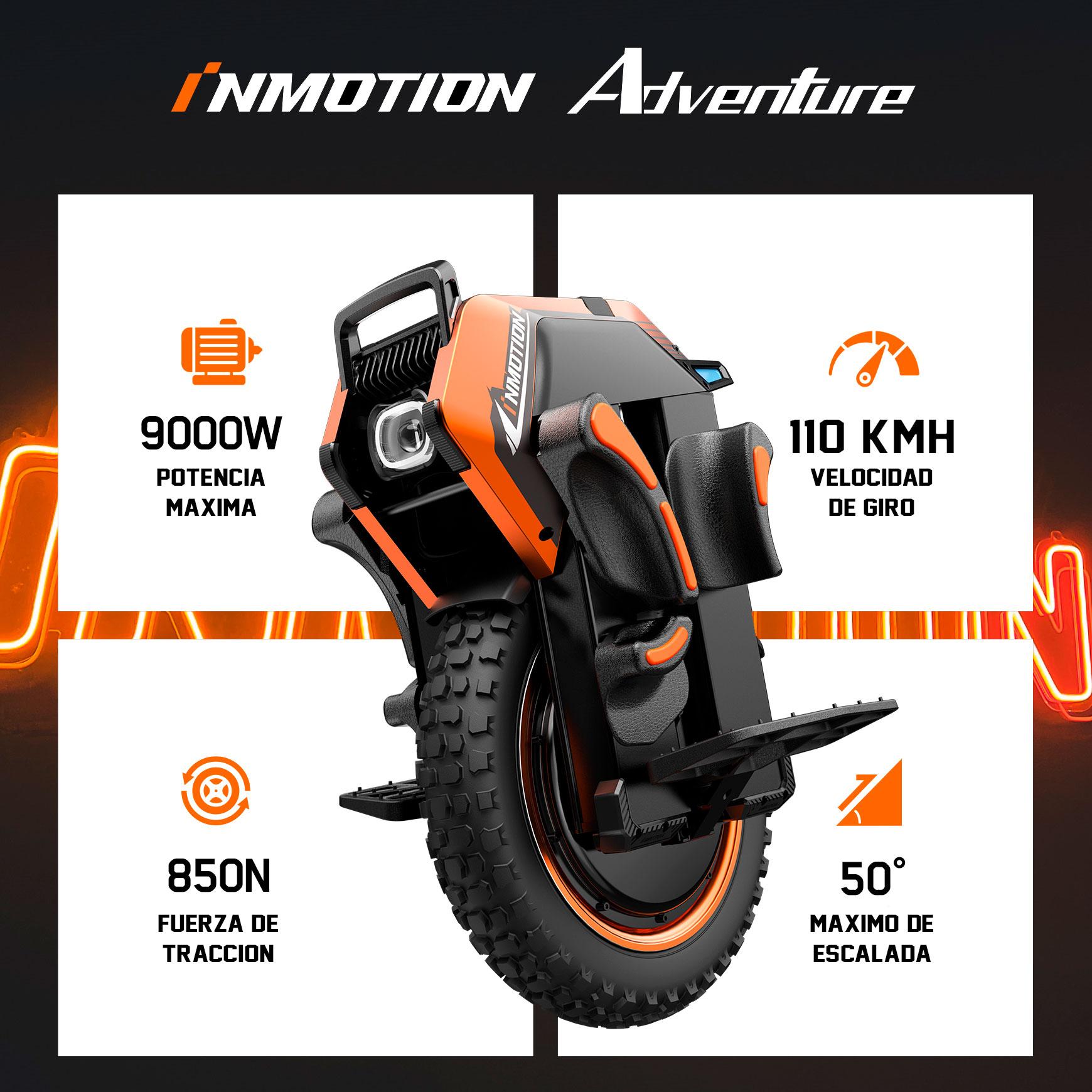 Inmotion Adventure especificaciones motor velocidad maxima torque maximo angulo de escalada
